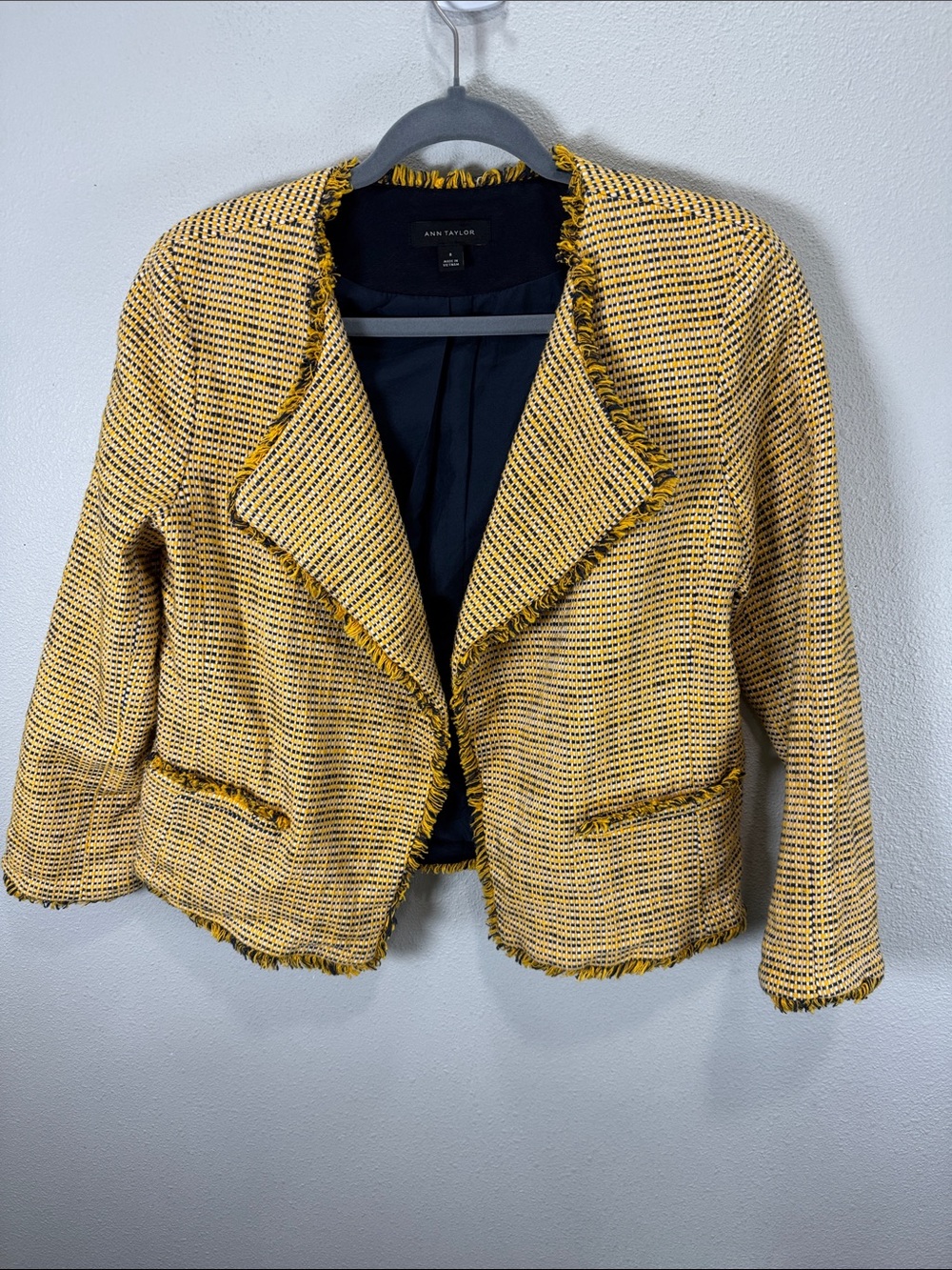Ann Taylor Yellow and Black Tweed Fringe Open-Front Blazer - Picture 2 of 8
